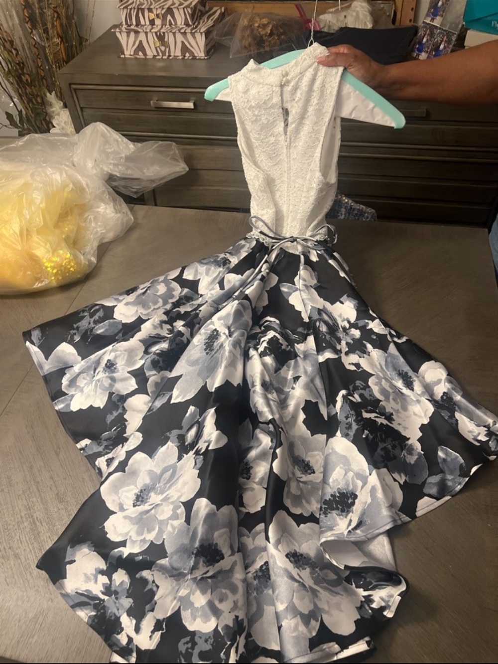 Girls Black & White Floral Satin Party Dress with Lace Bodice